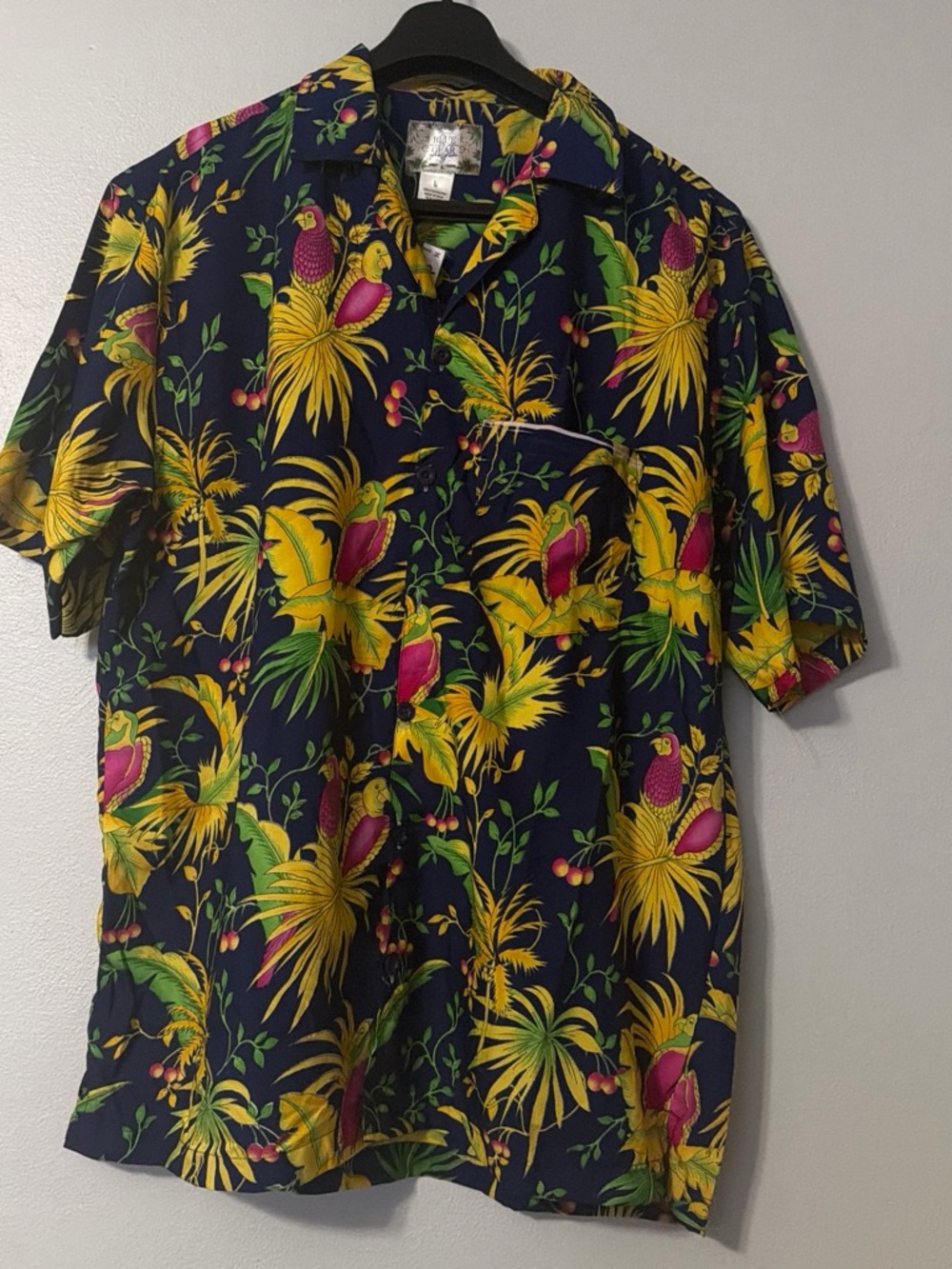 Men's Tropical Parrot Print Button-Down Shirt - Navy, Yellow, Pink